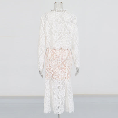 Round Neck Diamond Lace Embroidered Top High Waist Skirt Suit
