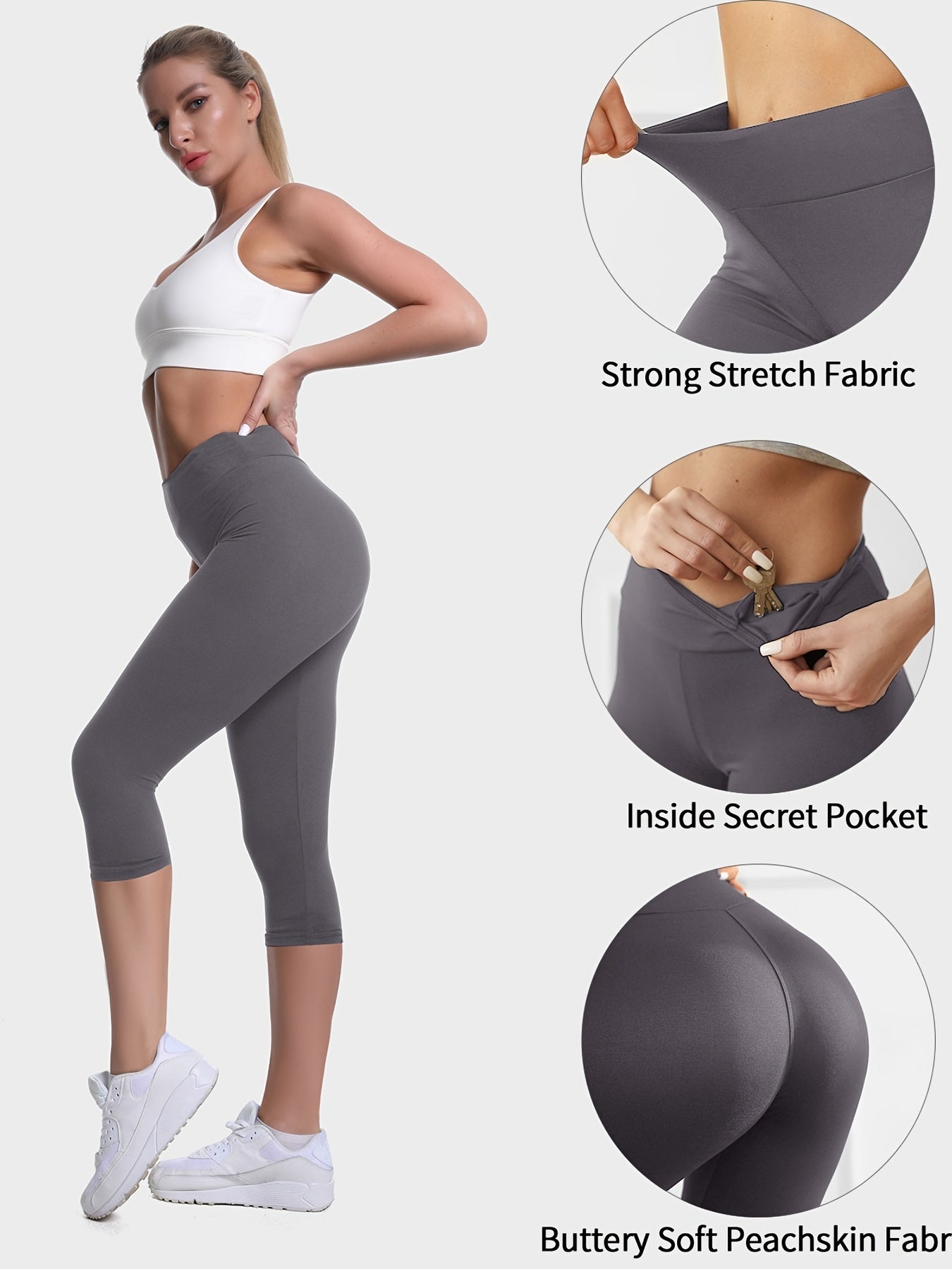 Women'S Plus Size Capri Leggings, High Waist Tummy Control, 4X Stretch, Pocket Detail, Solid Black, Knit Fabric, Polyester 92%, Spandex 8%, 210g/m², All Season Skinny Yoga Pants