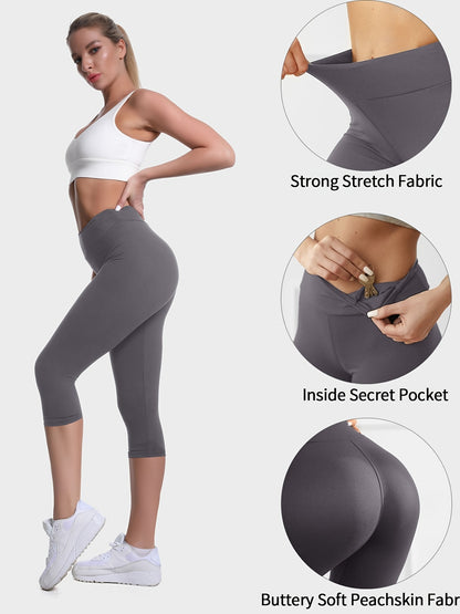 Women'S Plus Size Capri Leggings, High Waist Tummy Control, 4X Stretch, Pocket Detail, Solid Black, Knit Fabric, Polyester 92%, Spandex 8%, 210g/m², All Season Skinny Yoga Pants