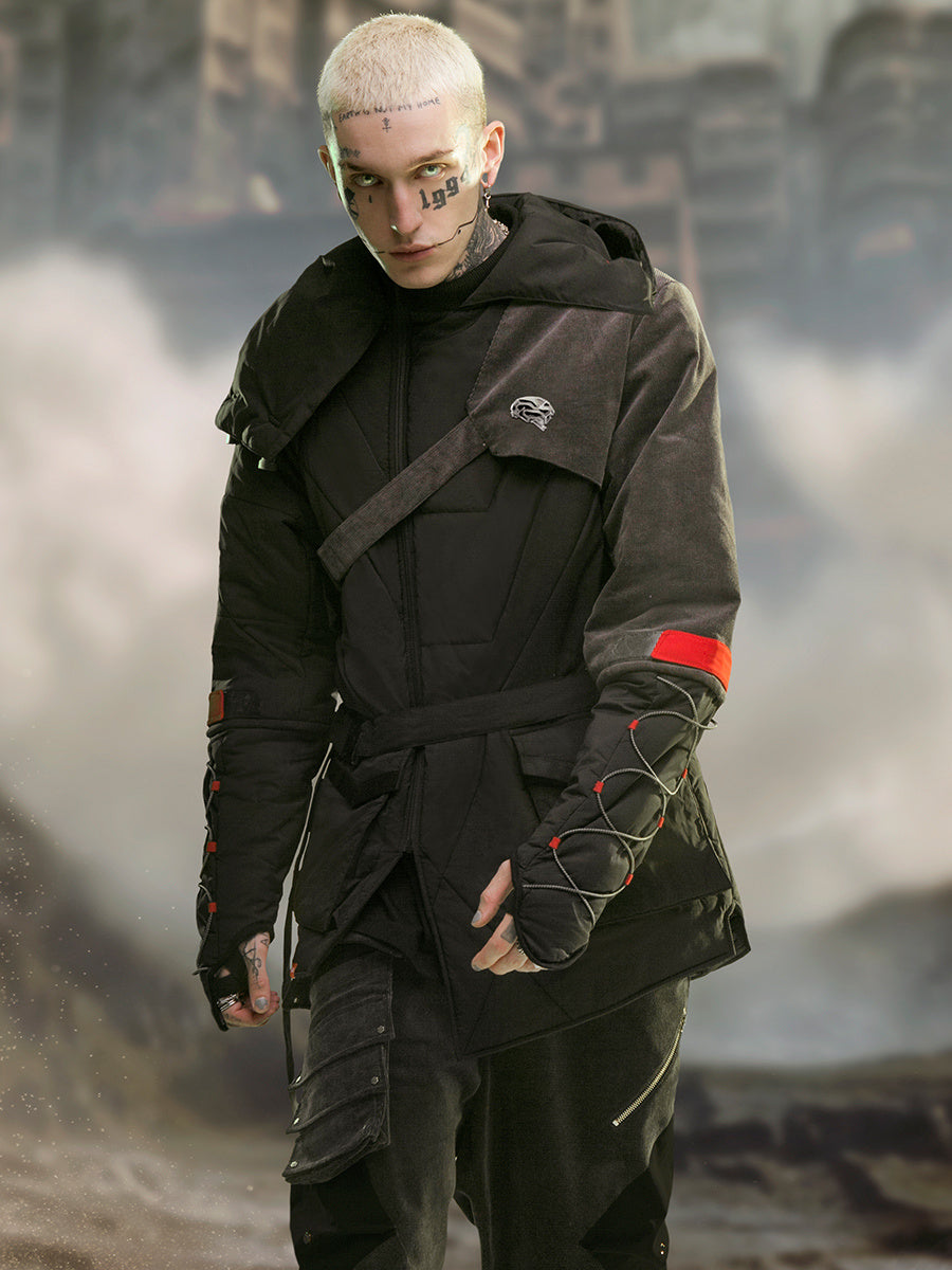 Mid-length Black Hooded Cotton Coat