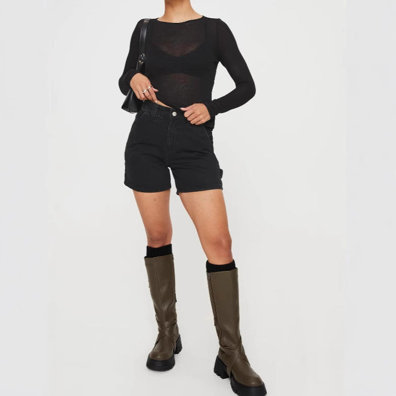 Mesh Round Neck Slim And Ultra-thin Sheer Long Sleeve Irregular T-shirt