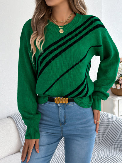 Women Casual Striped Round Neck Lantern Sleeve Long Sleeve Pullover Sweater