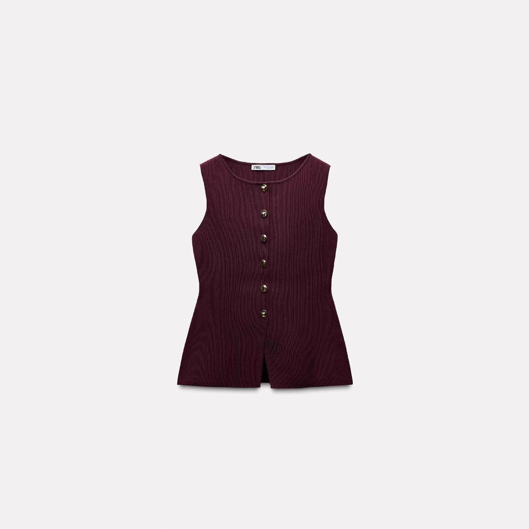 Fashion Plain Gold Button Sweater Vest