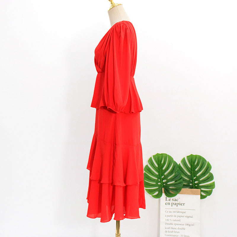 Fashion V-neck High Waist Mid-length Dress Lady Style Skirt