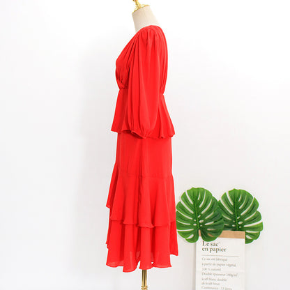 Fashion V-neck High Waist Mid-length Dress Lady Style Skirt