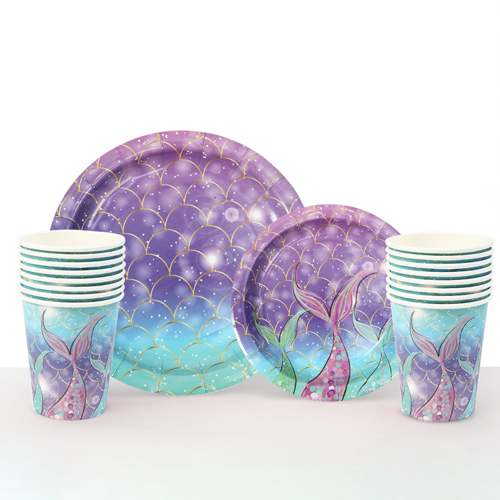 Mermaid Tail Theme Happy Birthday Paper Pallet Disposable Party Round Paper Pallet Suit Disposable Paper Cup