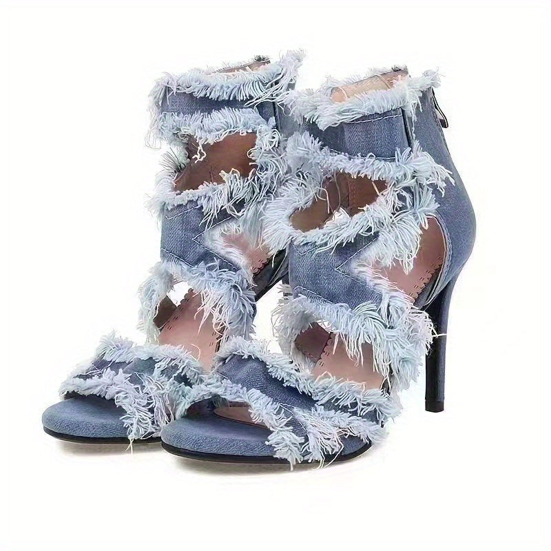 Women's Denim Cut-Out Stiletto Heels - Peep Toe High Heel Party Sandals with Back Zipper