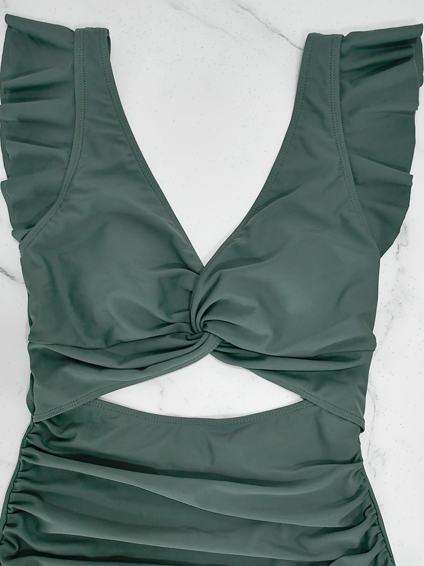 V Neck Ruched One Piece Swimsuit with Flattering Ruffle Accent - Stylish Cut Out Back Buckle Detail & High Cut Leg - Premium Womens Swimwear Bathing Suit