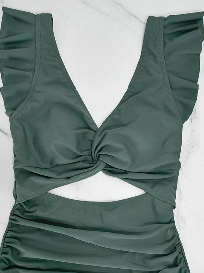 V Neck Ruched One Piece Swimsuit with Flattering Ruffle Accent - Stylish Cut Out Back Buckle Detail & High Cut Leg - Premium Womens Swimwear Bathing Suit