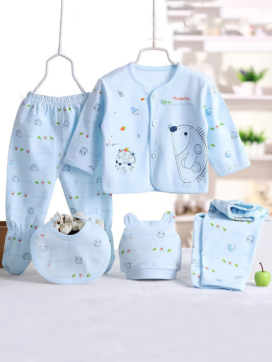 5pcs Baby 0-3m Set, All-Season Casual Outfits for Boys and Girls, Newborn Clothes, Girls' Pants and Baby Hat with Drool Bib, Baby Shower Essentials, for Outdoor