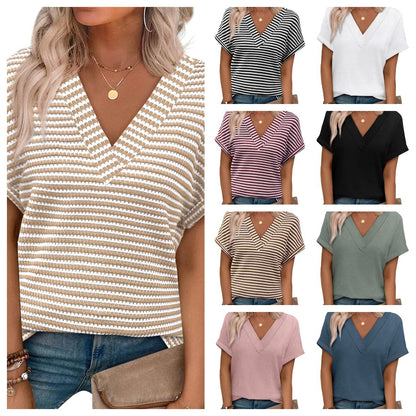 Casual Striped Textured Short-Sleeve Arrival V-Neck Knitted T-Shirt