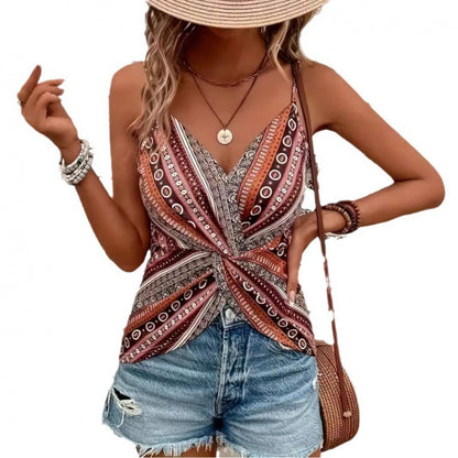 New European And American-style Ethnic Retro Italian Spaghetti Chain Print Knotted Sexy V-neck Camisole