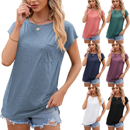 Round Neck Short Sleeve Loose Pocket Drop Shoulder T-shirt