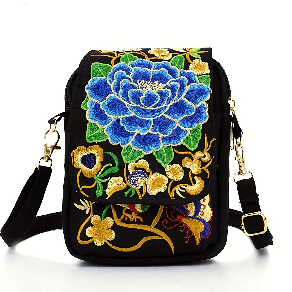 [Embroidered Crossbody] Lightweight Crossbody Bag | Women's Embroidered Mini Shoulder Bag with Detachable Strap - Floral Geometric Embroidery Design, Zipper Closure, Compact, Polyester Lined Interior (Navy/Purple/Red/Black)