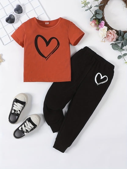 Girls' Fashion Set: Heart Print Round Neck Short Sleeve T-Shirt & Sweatpants 2pcs Casual Cotton Outfit, Perfect for Outdoor