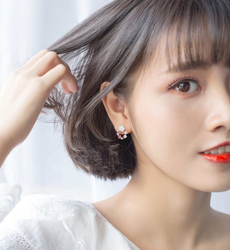 Diamond flower pearl earrings