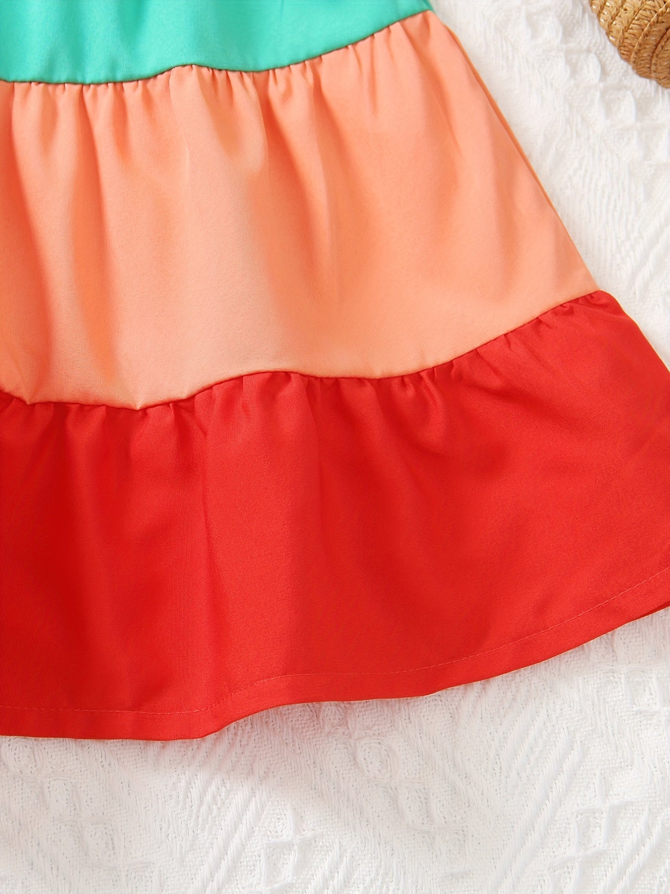 Girls' Spaghetti Strap Color-Blocked Rainbow Cake Dress - Perfect for Outdoor Occasions.