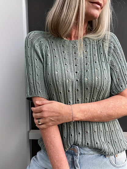 Women's Solid-color Crew-neck Hollow-out Mesh Knit Short-sleeve