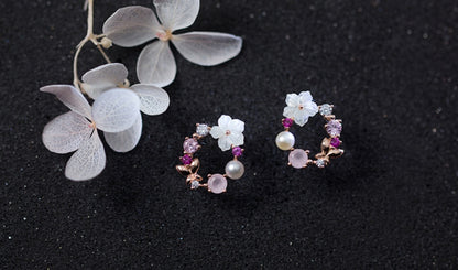 Diamond flower pearl earrings