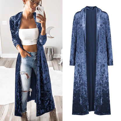Long Sleeve Velvet Cardigan Windbreaker Long Coat Lady