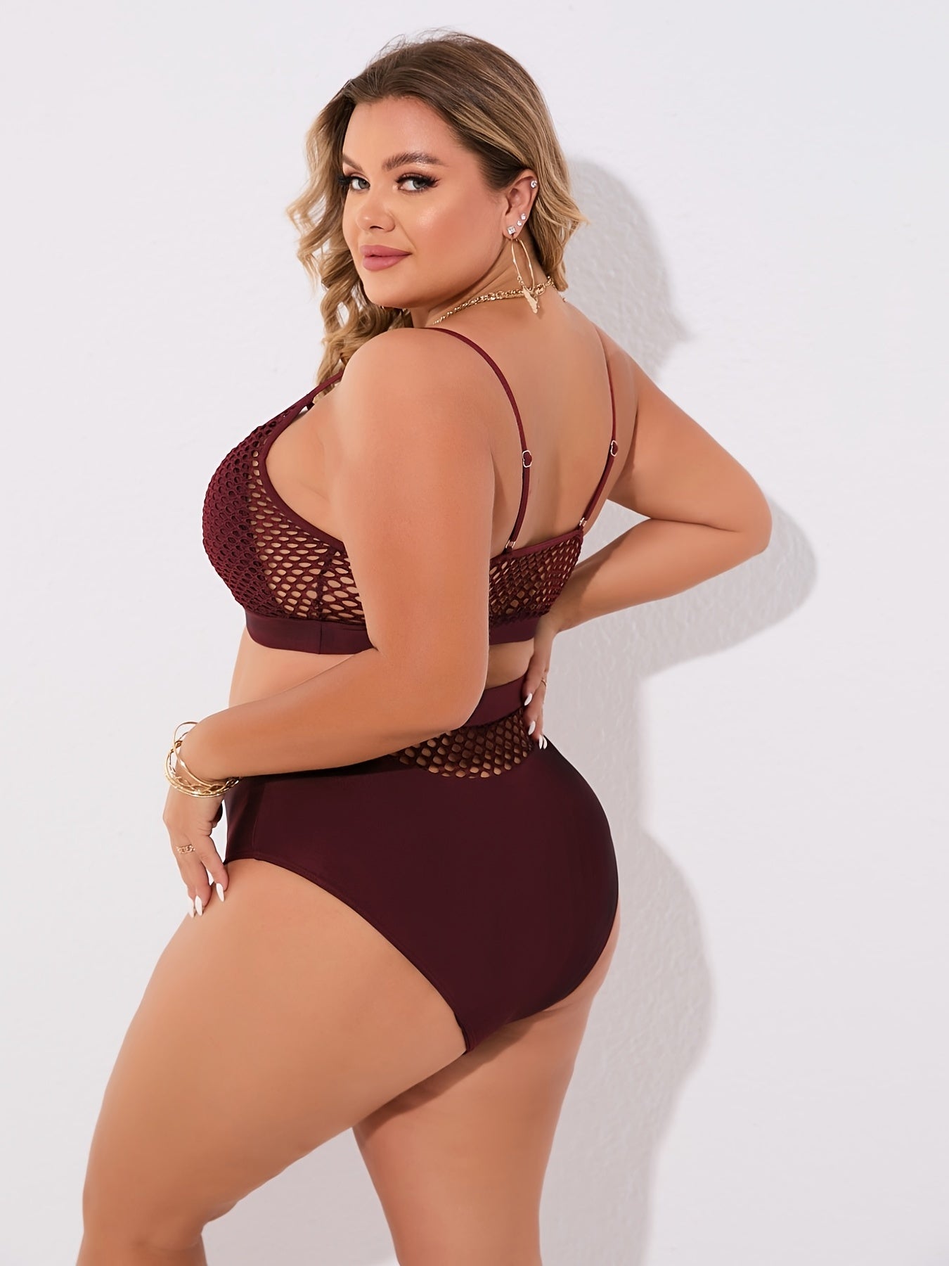Plus Size Casual Bikini Set, Women's Plus Solid Contrast Fishnet Hollow Out High Stretch Crop Tank Top & Underwear Swimsuit Two Piece Set