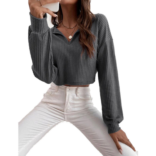 New Women's V-neck Solid-color Cropped Long-sleeve T-shirt