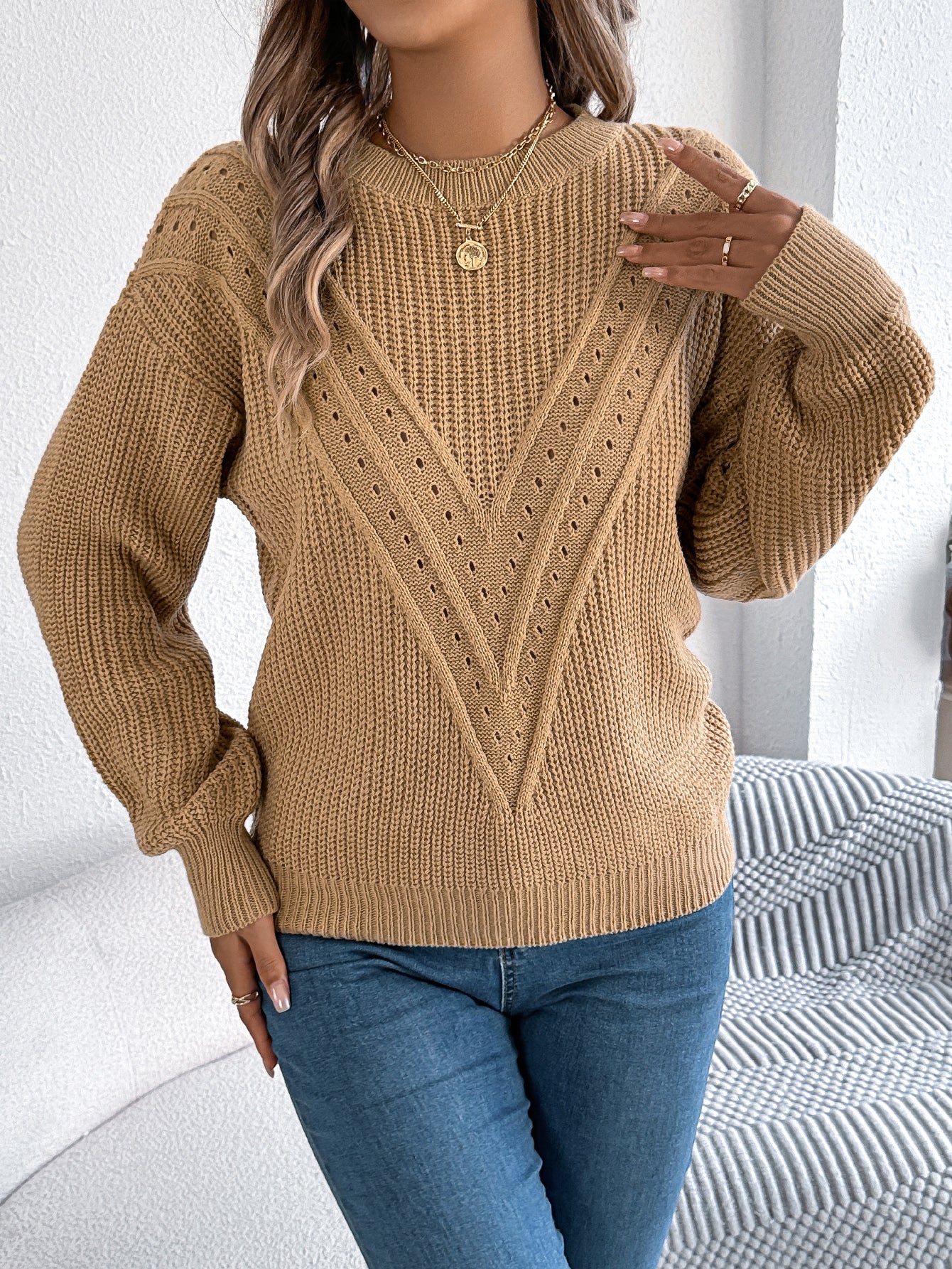 Women Casual Solid Color V-Neck Hollow Out Lantern Sleeve Pullover Sweater