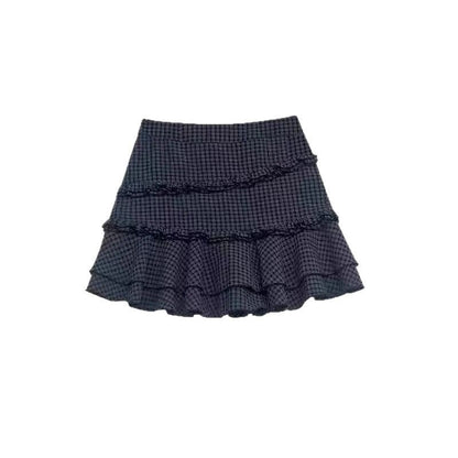 Retro plaid design, ruffled high-waisted A-line mini skirt