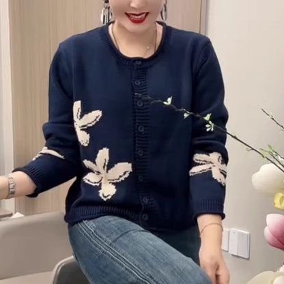 Stylish Knit Winter Fashion Lazy Retro Floral Round Neck Cotton Top