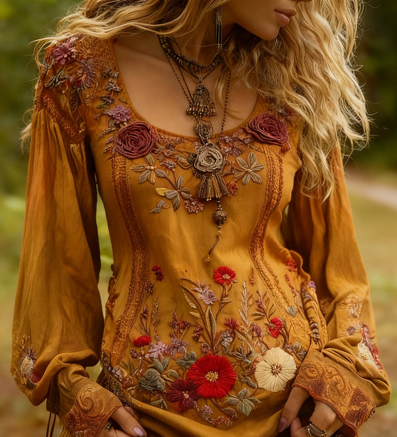 Grass And Flower Embroidered Linen Shirt