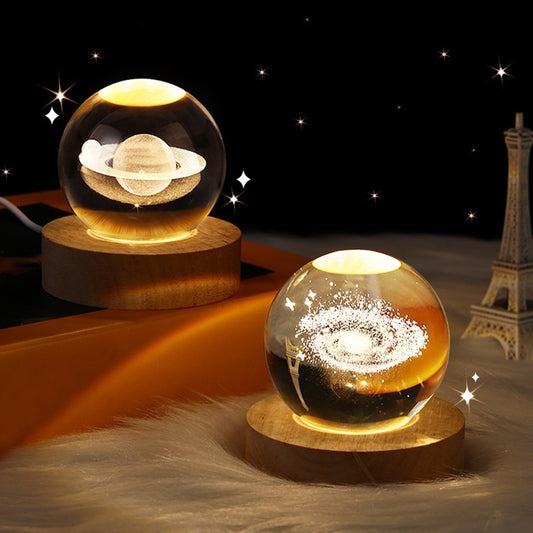 3D Crystal Ball Night Light - USB Powered Projection Lamp with Wooden Base | Moon, Ferris Wheel & Forest Designs