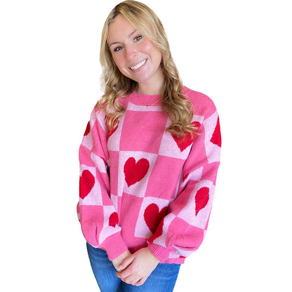 Women's Sweet Plaid Thermal Colorblock Crewneck Sweater