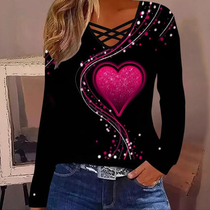 Women's Casual Long Sleeve Top With A Heart Patterned V Neck