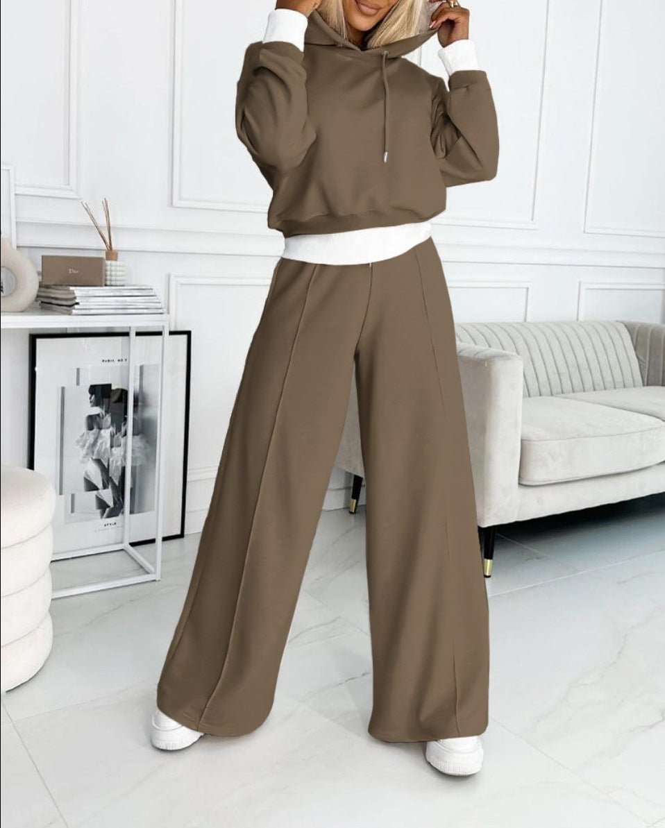 Women's Hoodie Suit Sporty Casual Long-Sleeved Hooded Sweatshirt And Drawstring Pocket Sweatpants Fashion Commuter Trousers Set Outfit Clothing