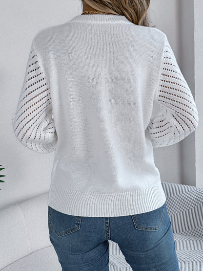 Women Casual Solid Color Crew Neck Hollow Out Lantern Sleeve Sweater