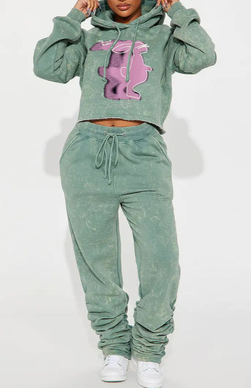 Casual Printed Hooded Short Sweatshirt Set