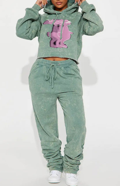 Casual Printed Hooded Short Sweatshirt Set