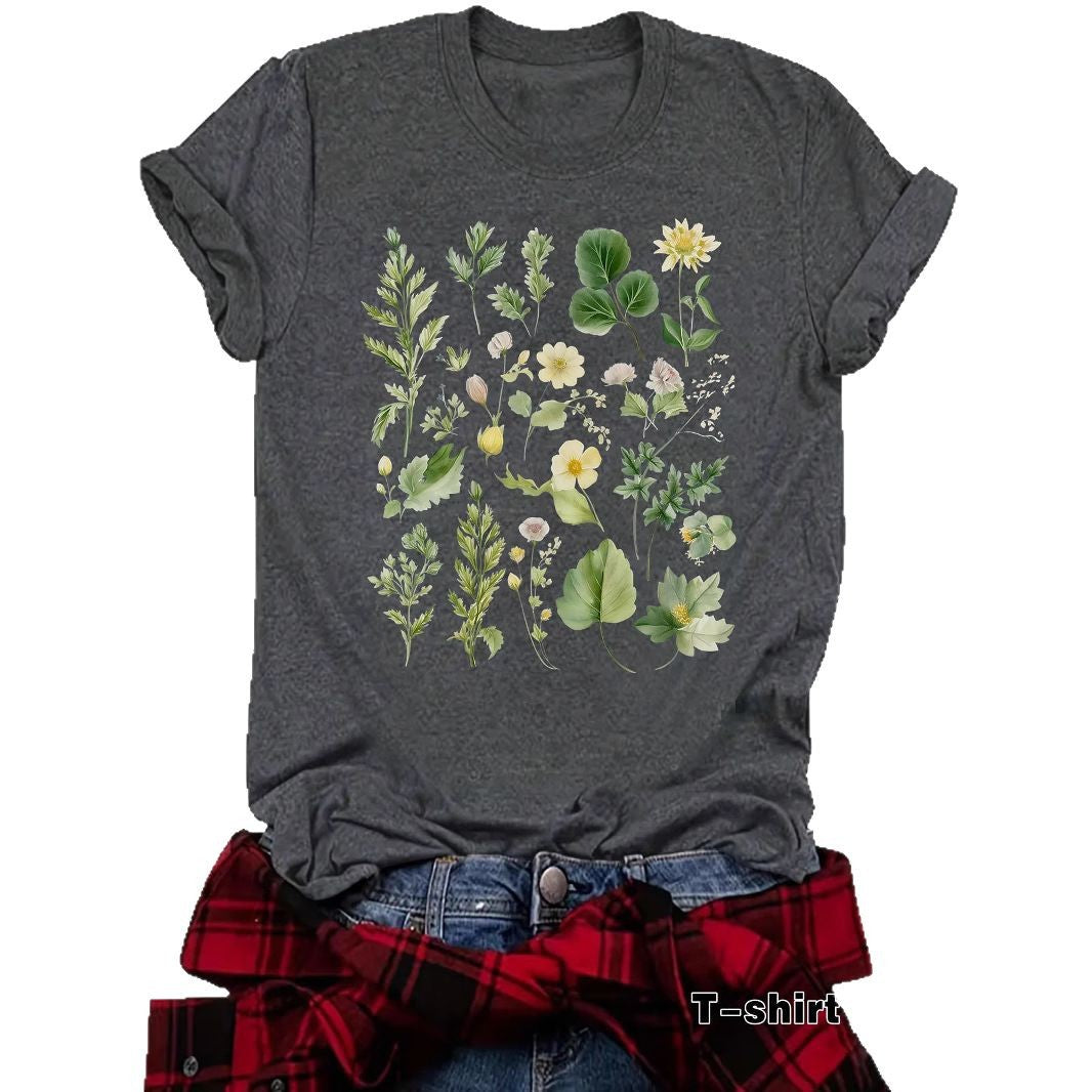 Fashionable Loose-fitting Casual Short-sleeve Top With Floral Print
