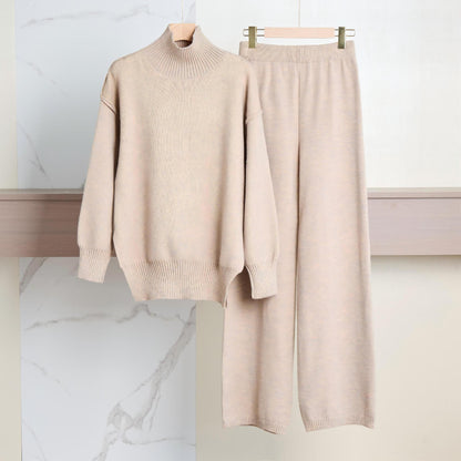 Casual Laid-back Style Solid Color Loose High Collar Knitted Sweater Suit