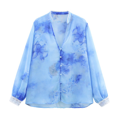 Spring Summer Ethnic Style Floral Print Long Sleeve Blouse