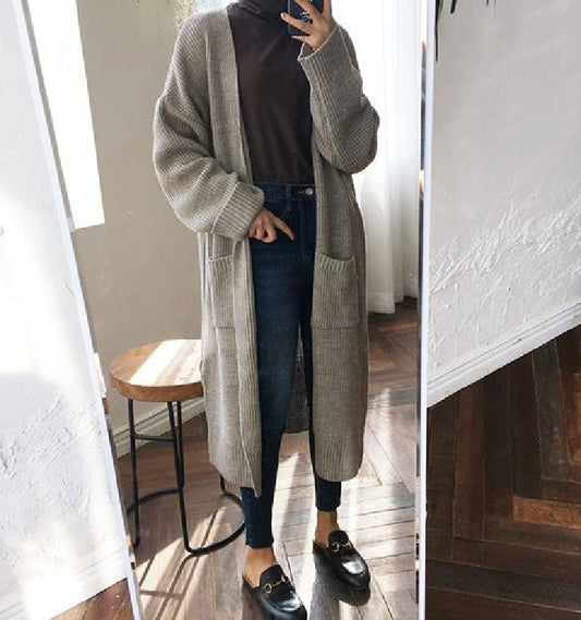 Women's Mid-length Crimped Solid Color Lazy Loose Knit Long-sleeved Sweater Coat