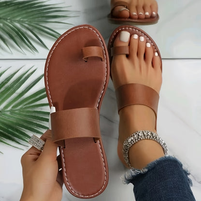 Women's Dark Brown Toe Loop Sandals - Comfortable Flat Slip-On Slides for Indoor & Outdoor Wear