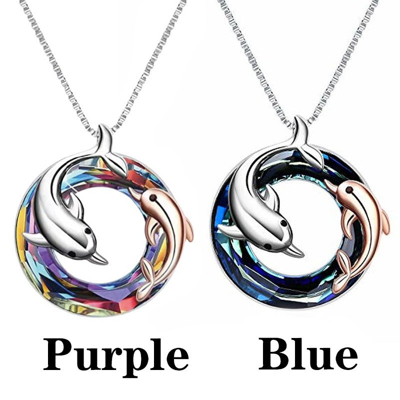 Colorful Circle Crystal Dolphin Pendant Necklace