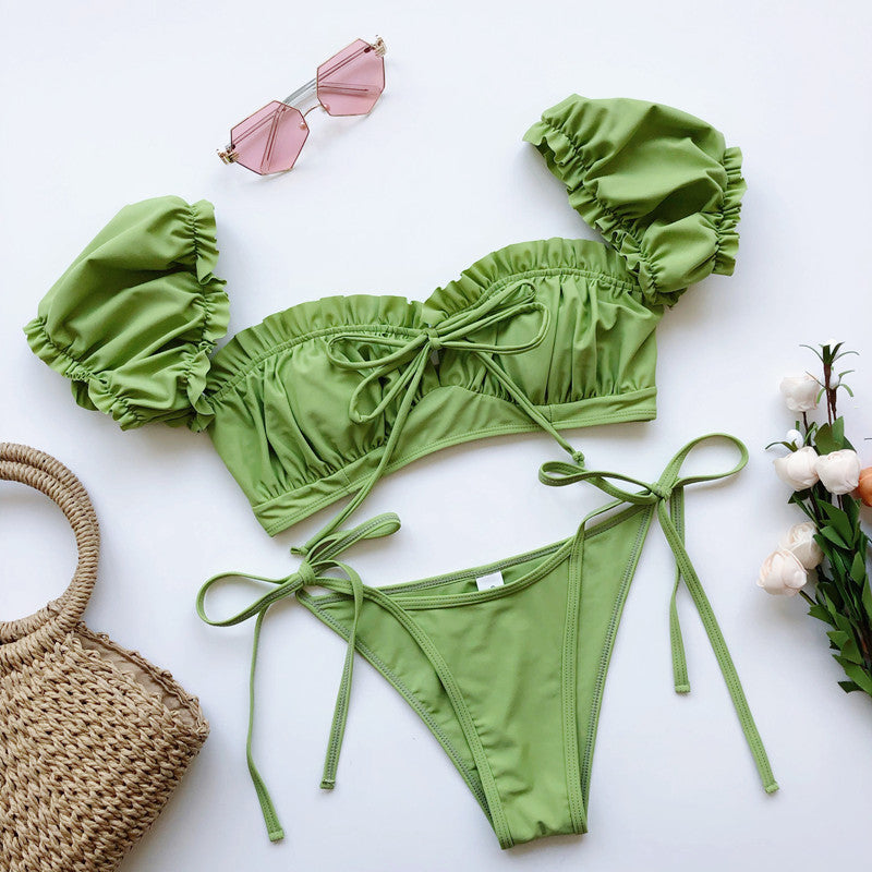 Ruffle Lettuce Trim Ruched Bikini Sets, Tie Side Drawstring High Cut Two Piece Swimsuit, Women's Swimwear & Clothing
