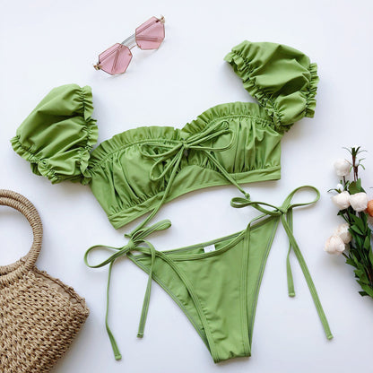 Ruffle Lettuce Trim Ruched Bikini Sets, Tie Side Drawstring High Cut Two Piece Swimsuit, Women's Swimwear & Clothing