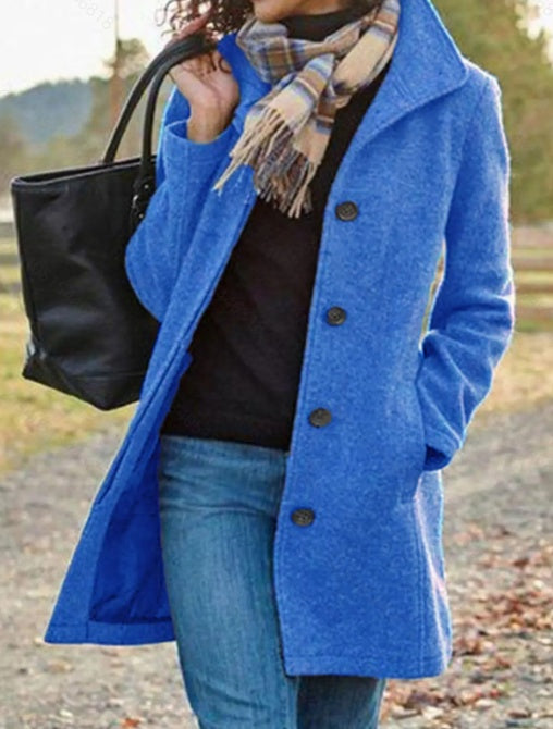 Women's Casual Tweed Coat - Solid Color Mid-Length H-Silhouette Button Front Long Sleeve