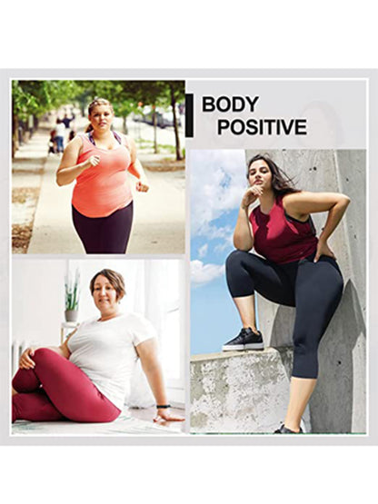 Women'S Plus Size Capri Leggings, High Waist Tummy Control, 4X Stretch, Pocket Detail, Solid Black, Knit Fabric, Polyester 92%, Spandex 8%, 210g/m², All Season Skinny Yoga Pants