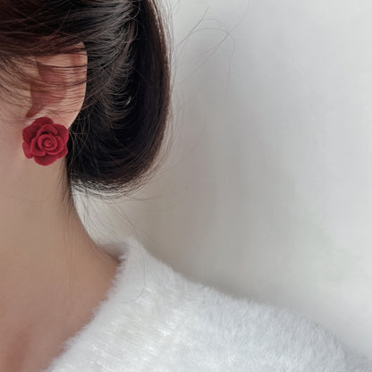 Red Rose Flower Velvet Stud Earrings High-end Retro Ear Decoration Jewelry For Women
