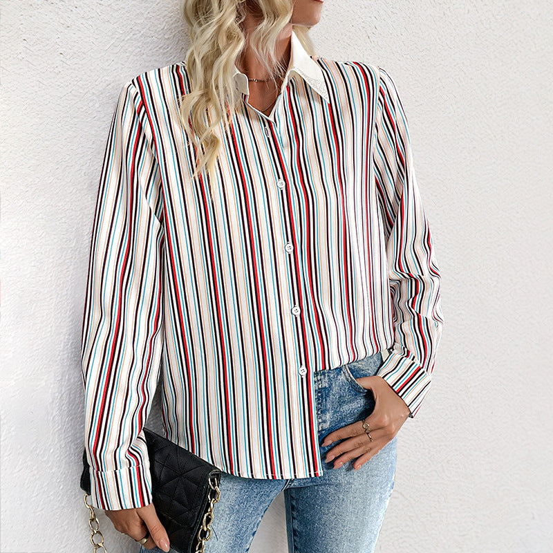 Lapel Color Vertical Striped Shirt For Women