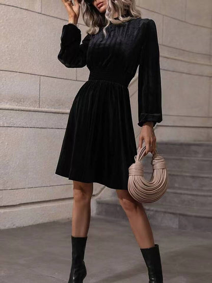 Graceful Stand Collar Solid Color Velvet Long Sleeve Dress